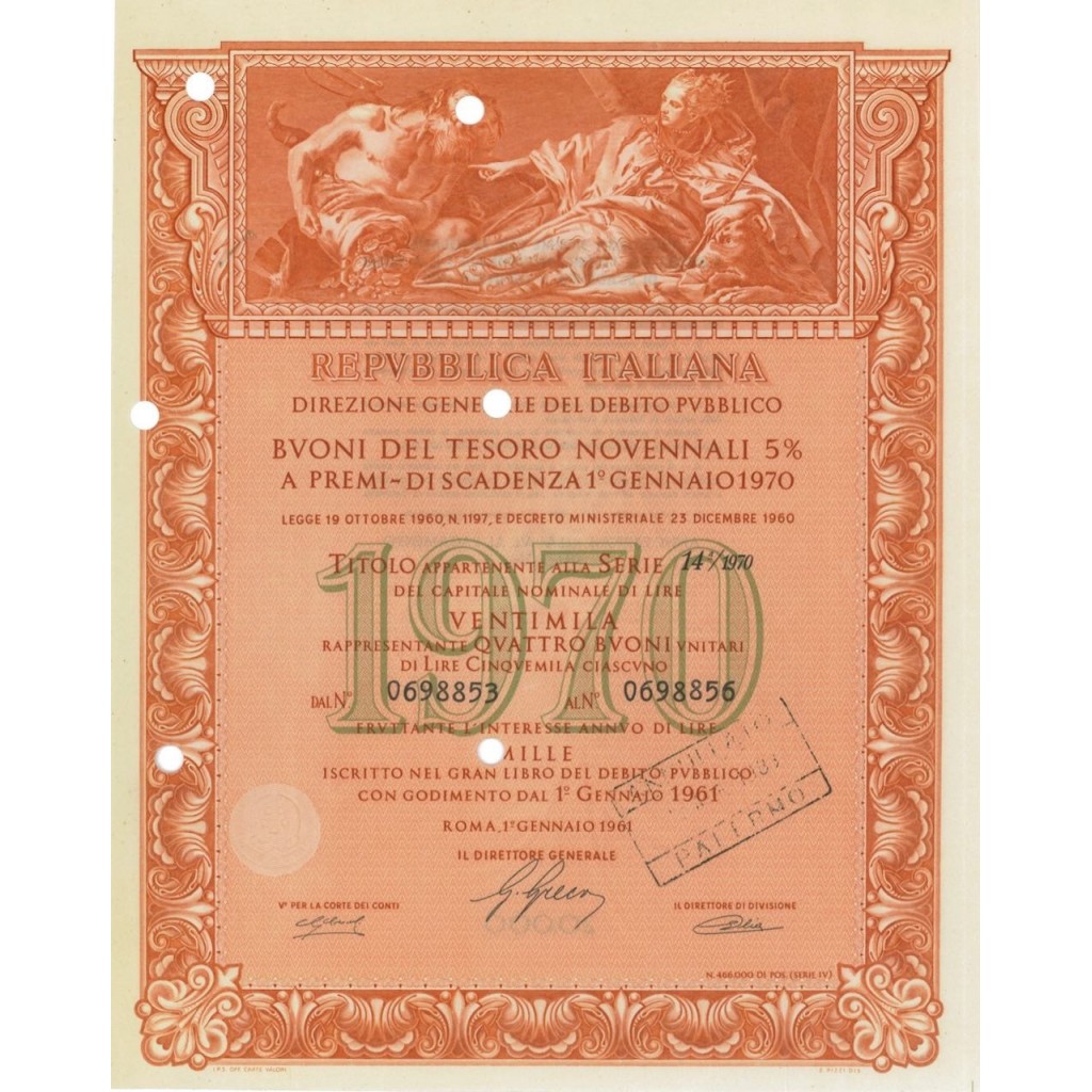 BTP NOVENNALI SERIE 14/1970 - 20000 LIRE ROMA 1961