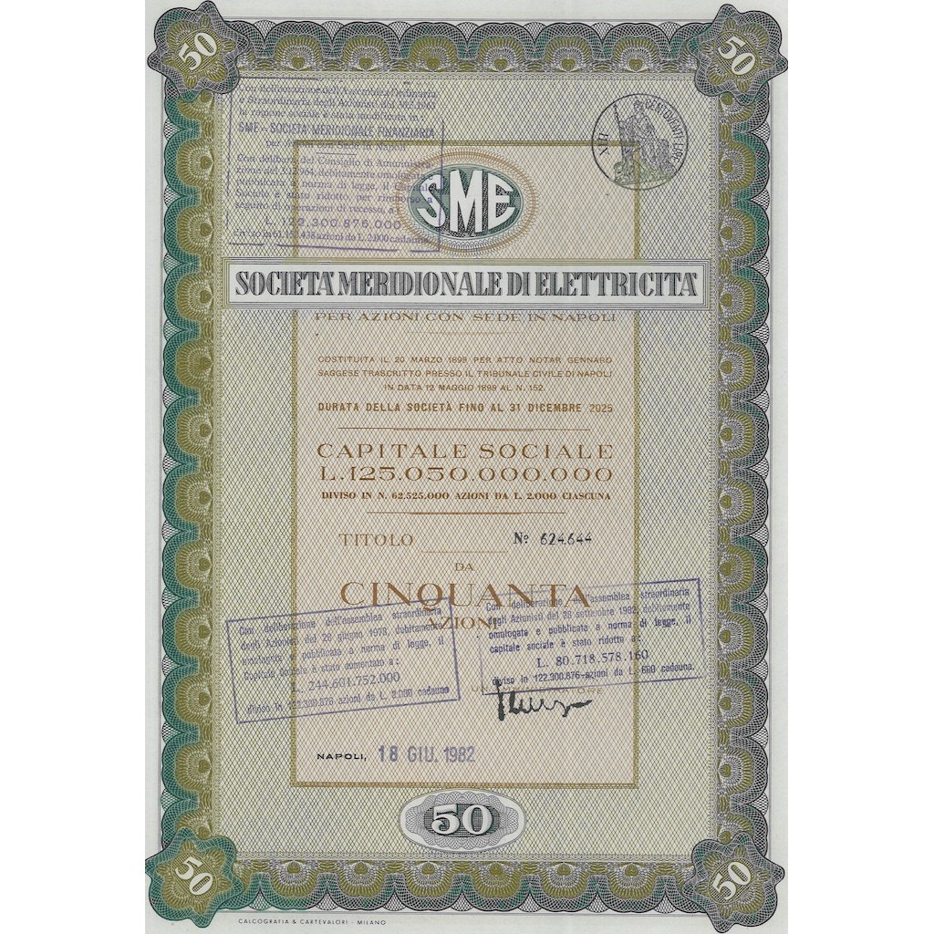 SME MERIDIONALE DI ELETTRICITA` 50 AZIONI NAPOLI 1982