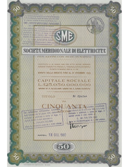 SME MERIDIONALE DI ELETTRICITA` 50 AZIONI NAPOLI 1982