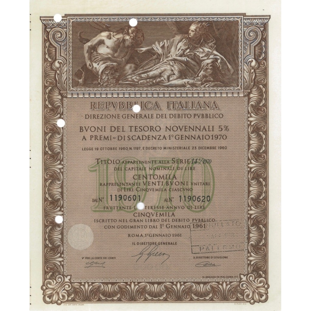 BTP NOVENNALI SERIE 14/1970 - 100000 LIRE ROMA 1961
