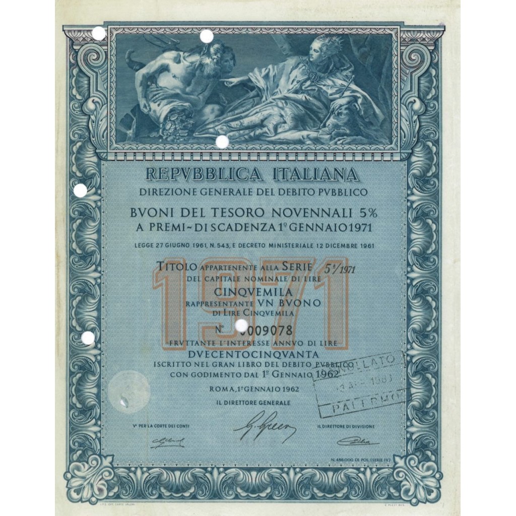 BTP NOVENNALI SERIE 05/1971 - 5000 LIRE ROMA 1962