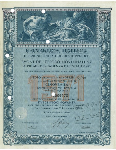 BTP NOVENNALI SERIE 05/1971 - 5000 LIRE ROMA 1962