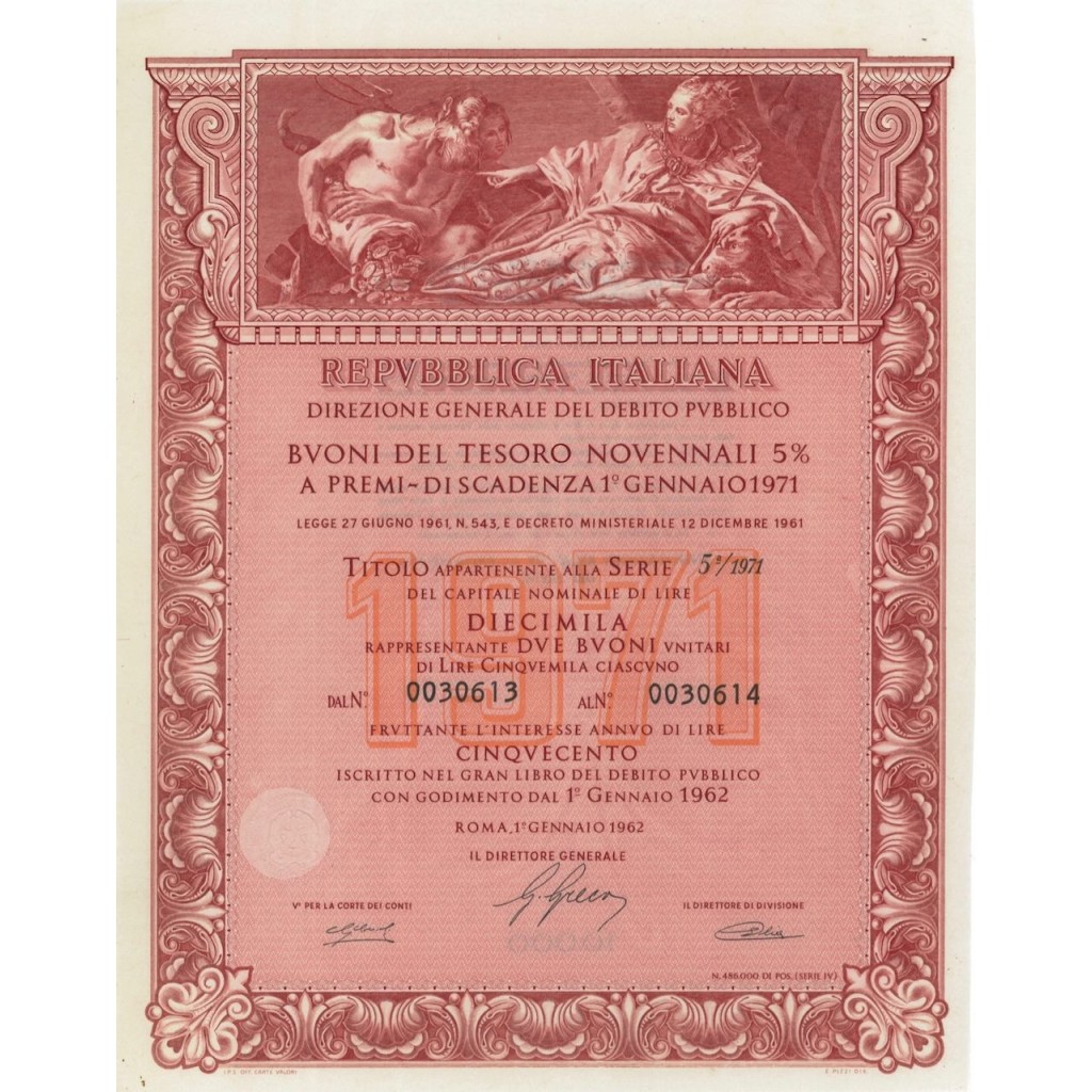 BTP NOVENNALI SERIE 05/1971 - 10000 LIRE ROMA 1962