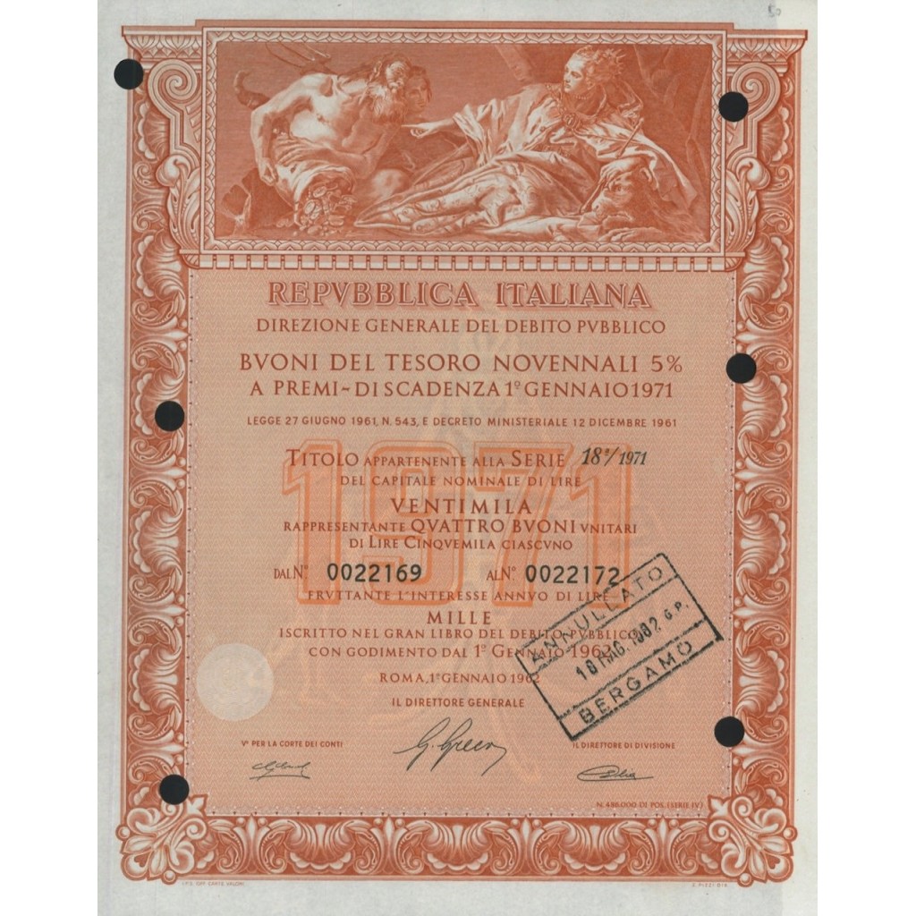 BTP NOVENNALI SERIE 18/1971 - 20000 LIRE ROMA 1962