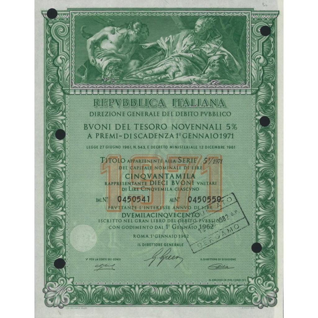 BTP NOVENNALI SERIE 05/1971 - 50000 LIRE ROMA 1962