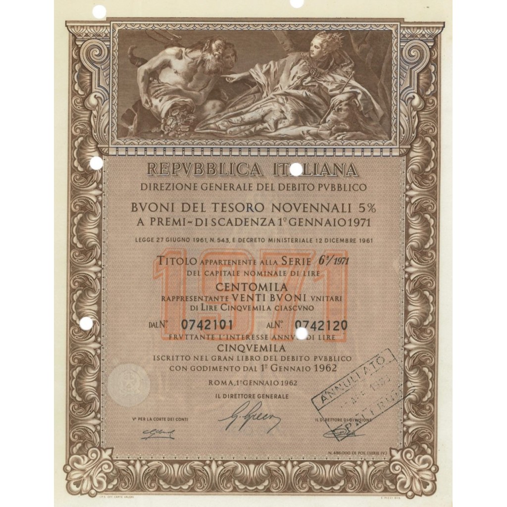 BTP NOVENNALI SERIE 06/1971 - 100000 LIRE ROMA 1962