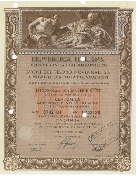 BTP NOVENNALI SERIE 06/1971 - 100000 LIRE ROMA 1962