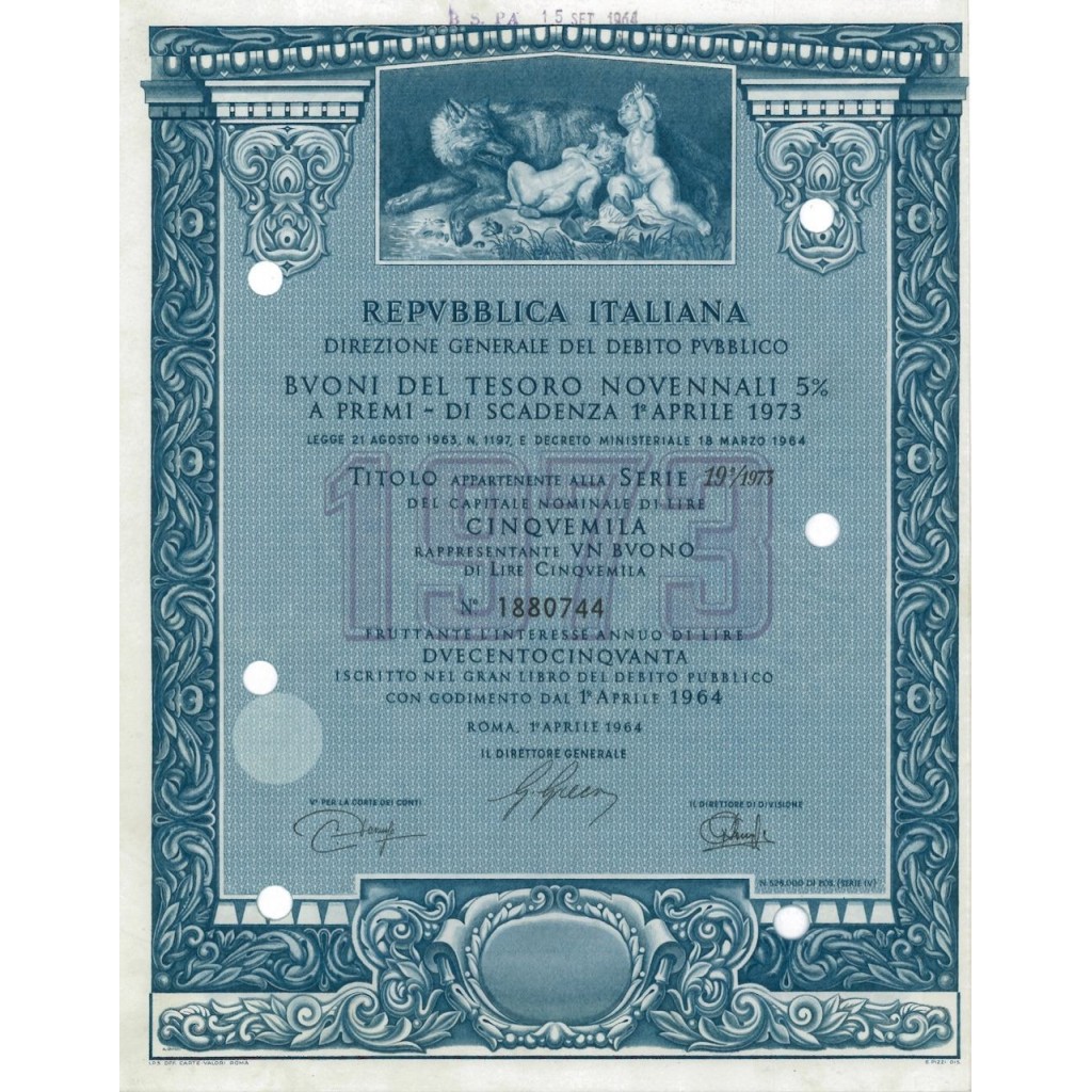 BTP NOVENNALI SERIE 19/1973 - 5000 LIRE ROMA 1964