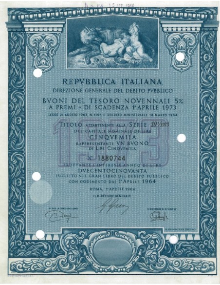 BTP NOVENNALI SERIE 19/1973 - 5000 LIRE ROMA 1964