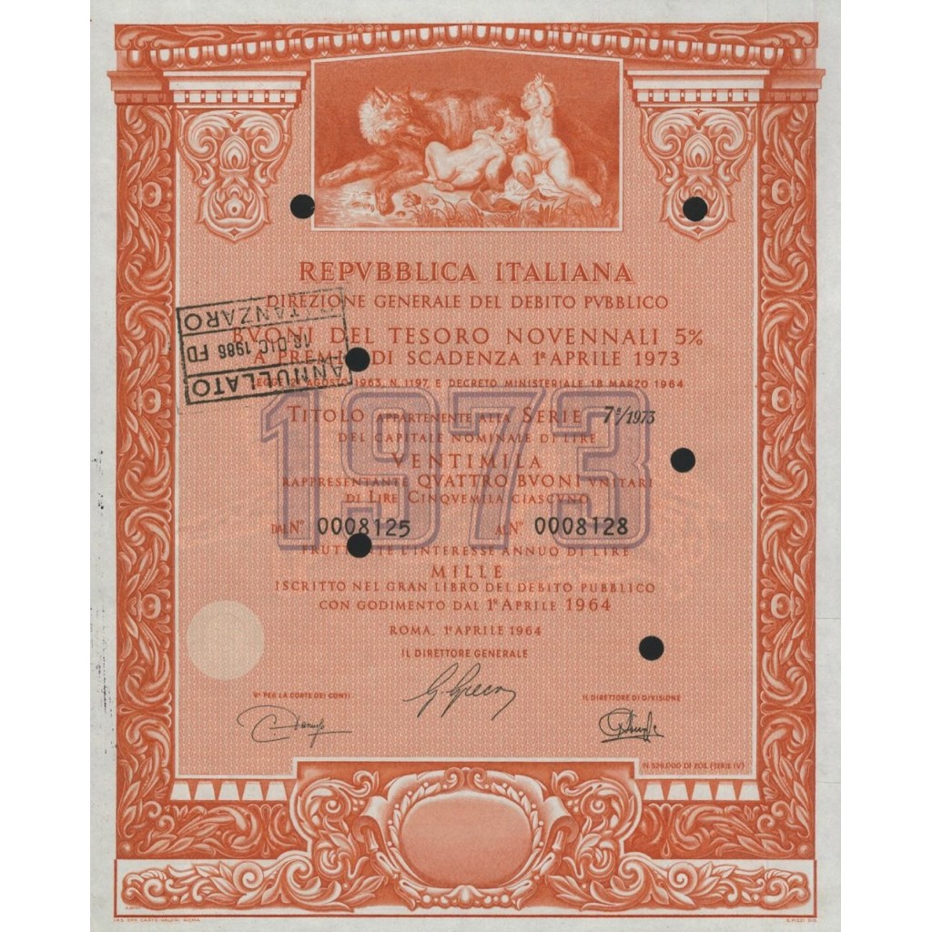 BTP NOVENNALI SERIE 07/1973 - 20000 LIRE ROMA 1964