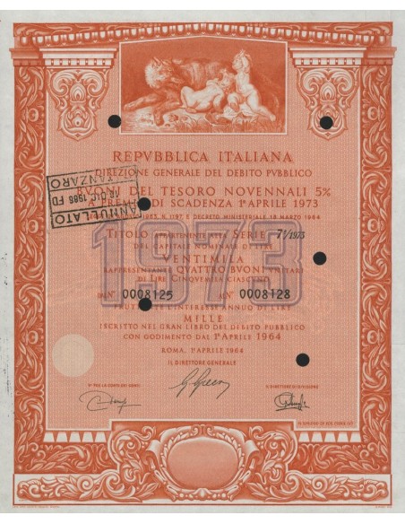 BTP NOVENNALI SERIE 07/1973 - 20000 LIRE ROMA 1964