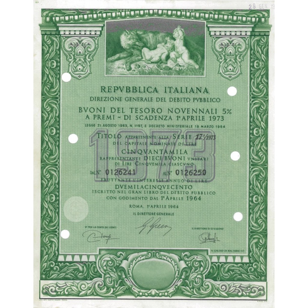 BTP NOVENNALI SERIE 17/1973 - 50000 LIRE ROMA 1964