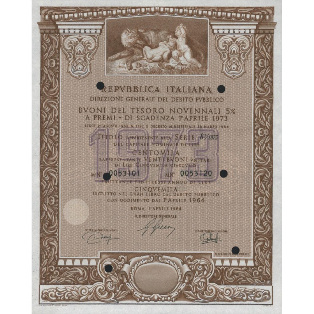 BTP NOVENNALI SERIE 08/1973 - 100000 LIRE ROMA 1964