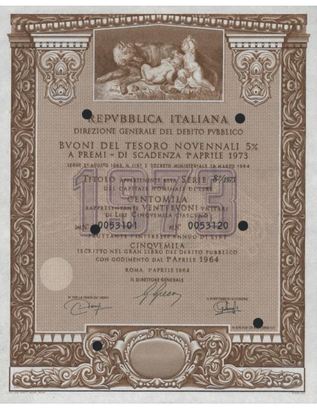 BTP NOVENNALI SERIE 08/1973 - 100000 LIRE ROMA 1964