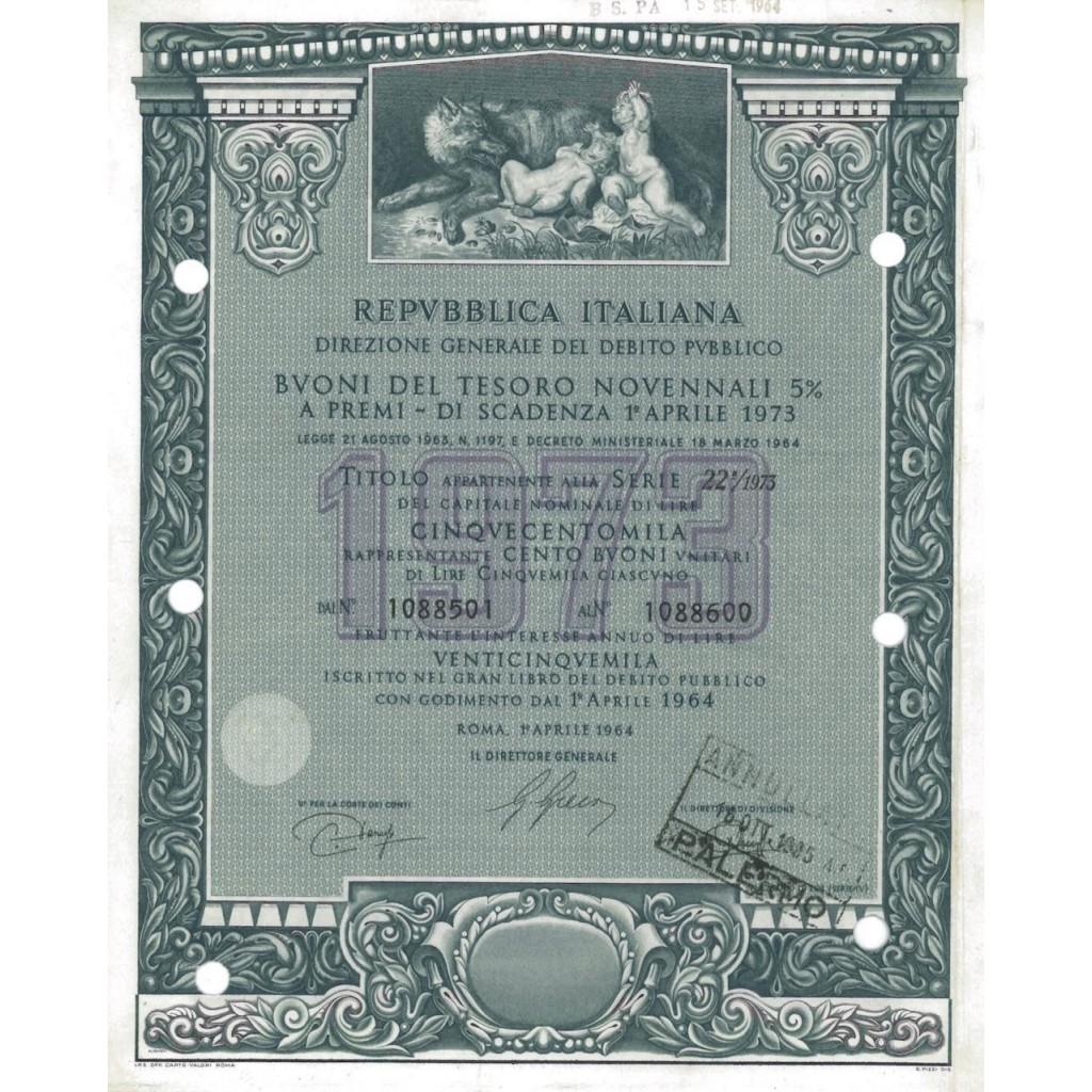 BTP NOVENNALI SERIE 22/1973 - 500000 LIRE ROMA 1964