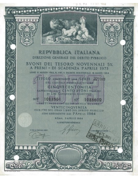 BTP NOVENNALI SERIE 22/1973 - 500000 LIRE ROMA 1964
