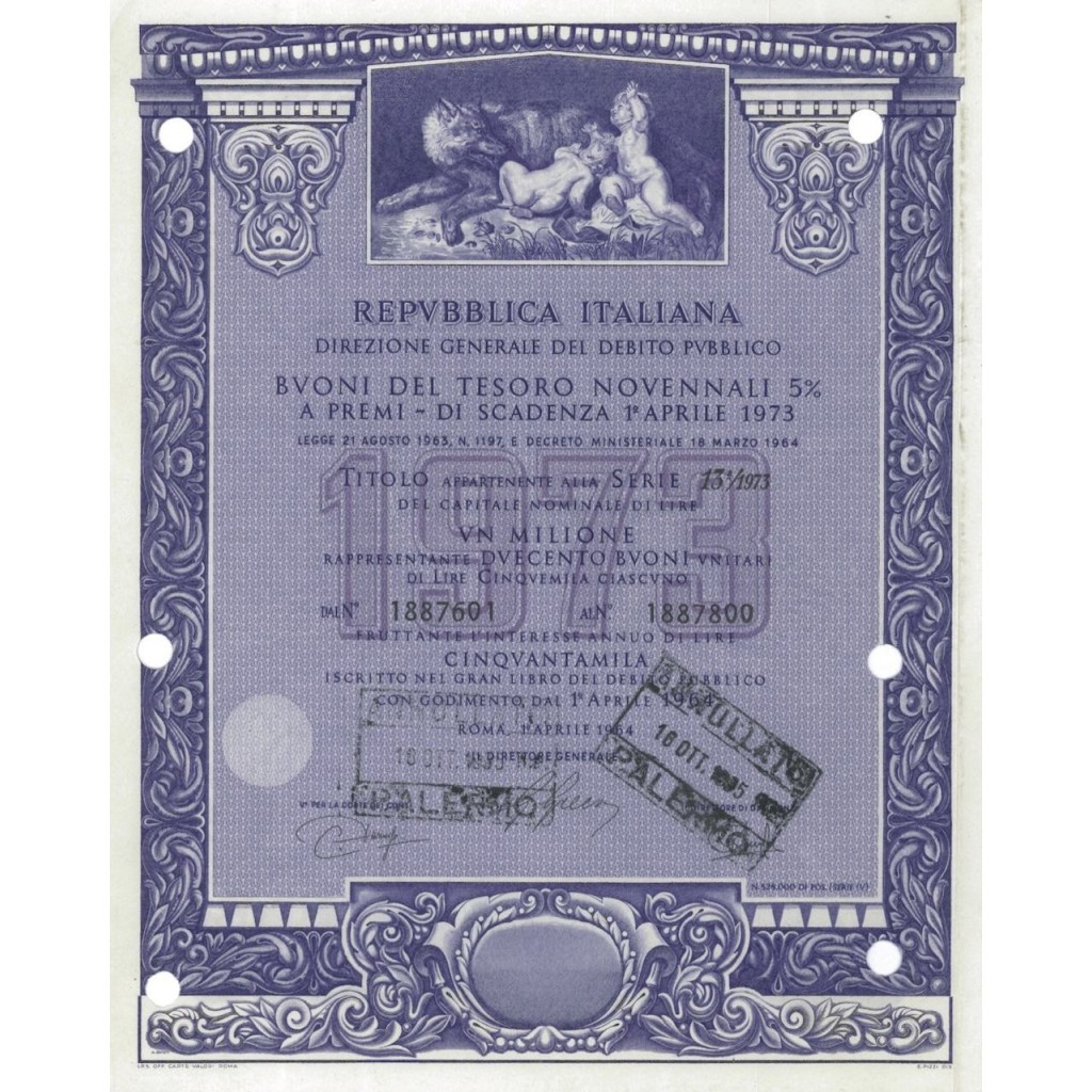 BTP NOVENNALI SERIE 13/1973 - 1000000 LIRE ROMA 1964