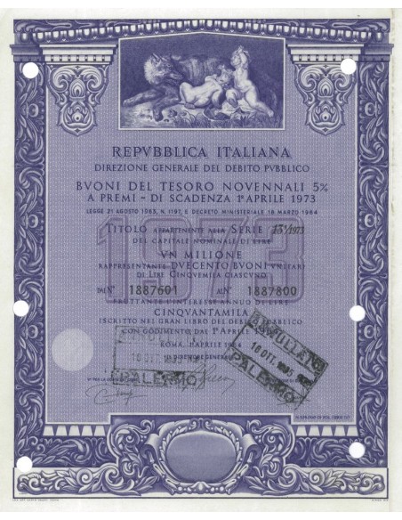 BTP NOVENNALI SERIE 13/1973 - 1000000 LIRE ROMA 1964