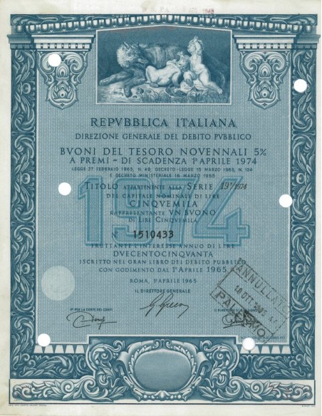 BTP NOVENNALI SERIE 19/1974 - 5000 LIRE ROMA 1965
