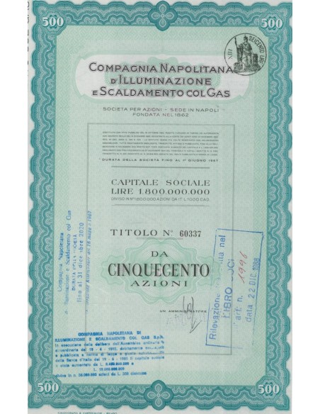 COMPAGNIA NAPOLITANA D' ILLUMINAZIONE E SCALDAMENTO COL GAS - Titolo da cinquecento azioni