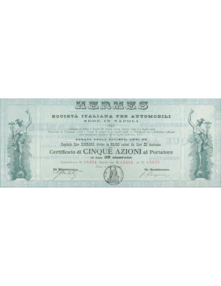 HERMES SOC. ITALIANA PER AUTOMOBILI 5 AZIONI - ROMA 1906