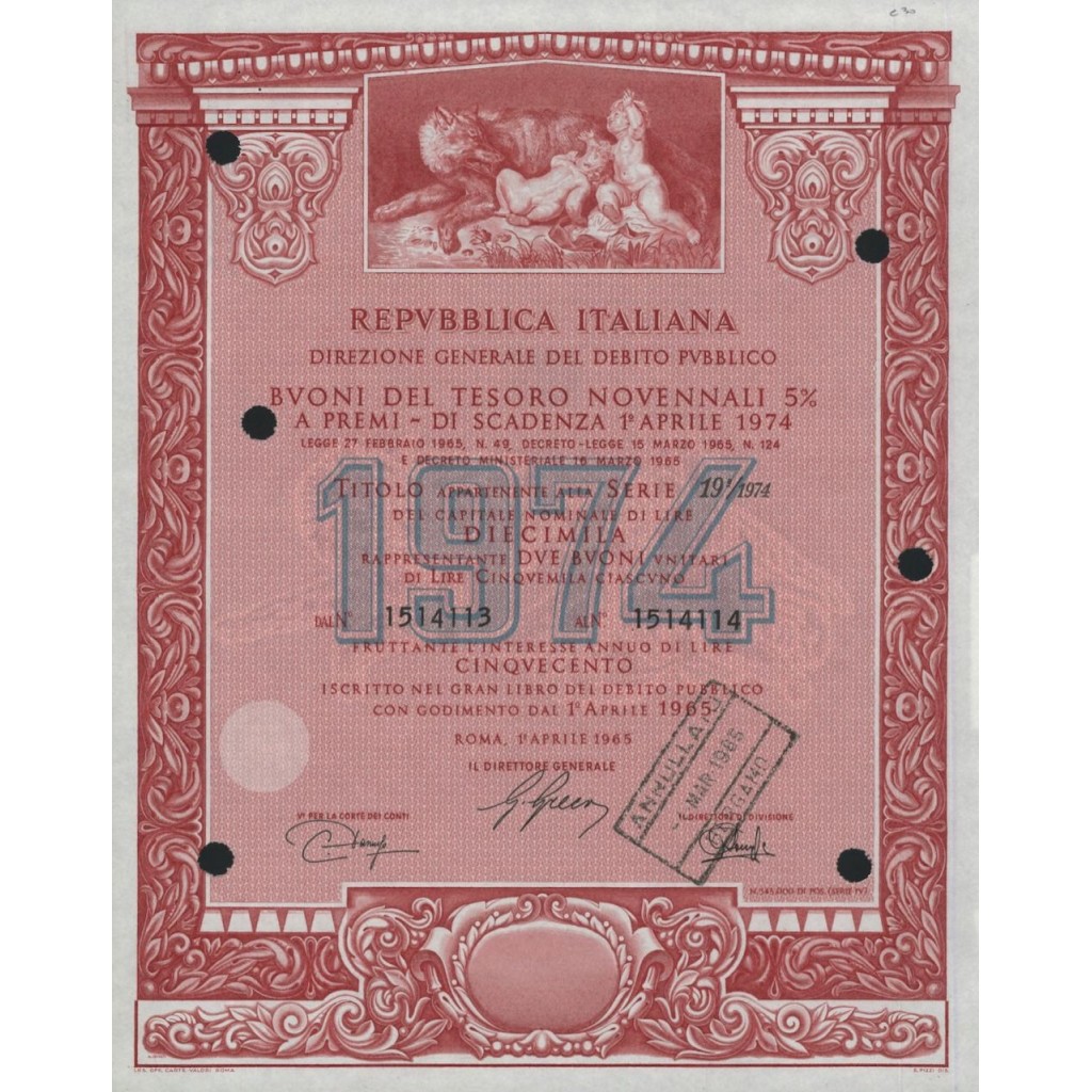 BTP NOVENNALI SERIE 19/1974 - 10000 LIRE ROMA 1965