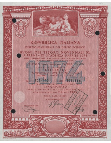 BTP NOVENNALI SERIE 19/1974 - 10000 LIRE ROMA 1965
