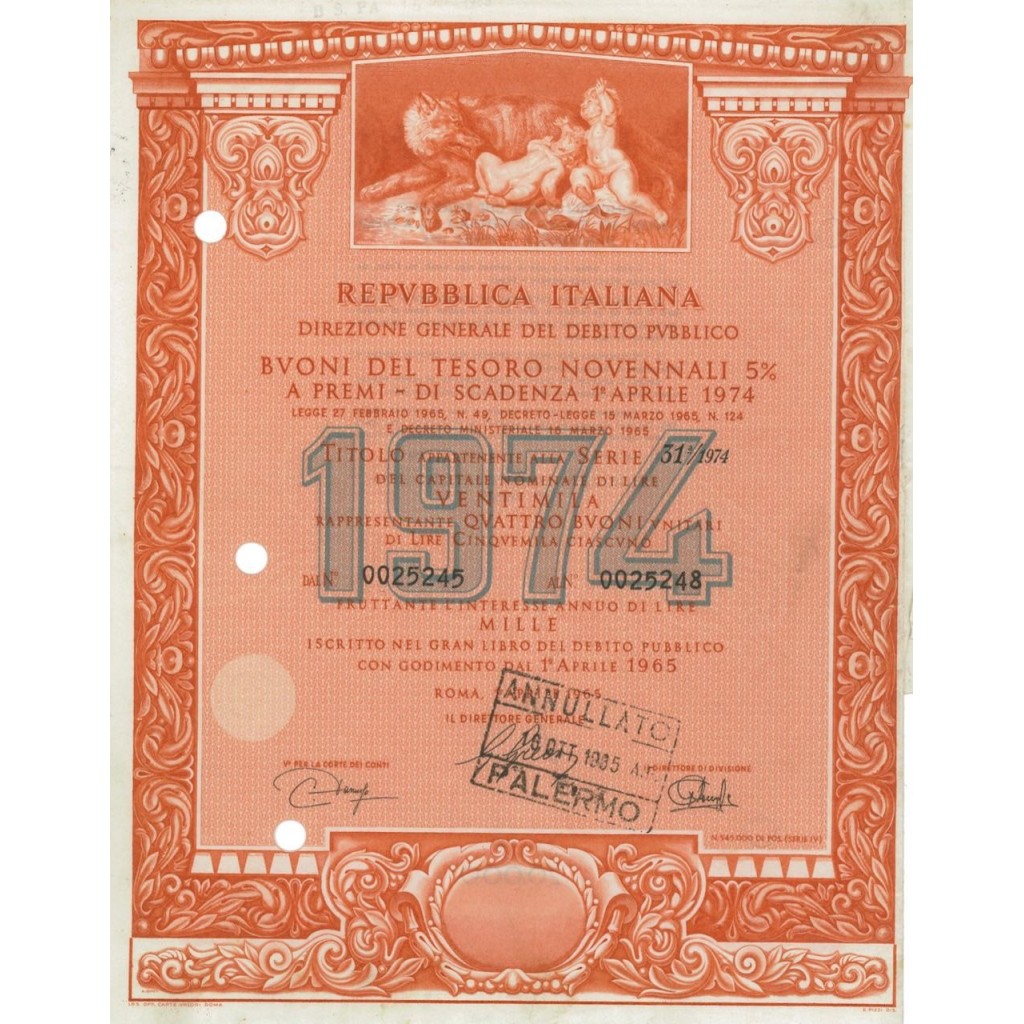 BTP NOVENNALI SERIE 31/1974 - 20000 LIRE ROMA 1965
