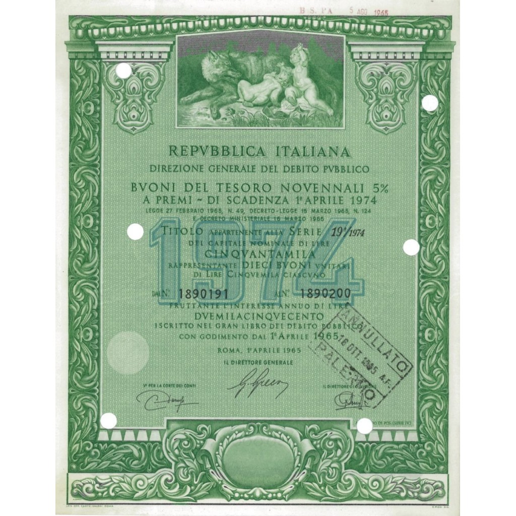 BTP NOVENNALI SERIE 19/1974 - 50000 LIRE ROMA 1965