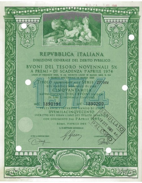 BTP NOVENNALI SERIE 19/1974 - 50000 LIRE ROMA 1965