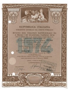 BTP NOVENNALI SERIE 26/1974 - 100000 LIRE ROMA 1965