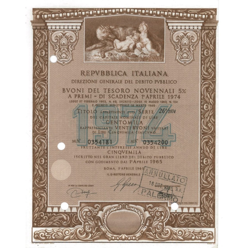 BTP NOVENNALI SERIE 26/1974 - 100000 LIRE ROMA 1965