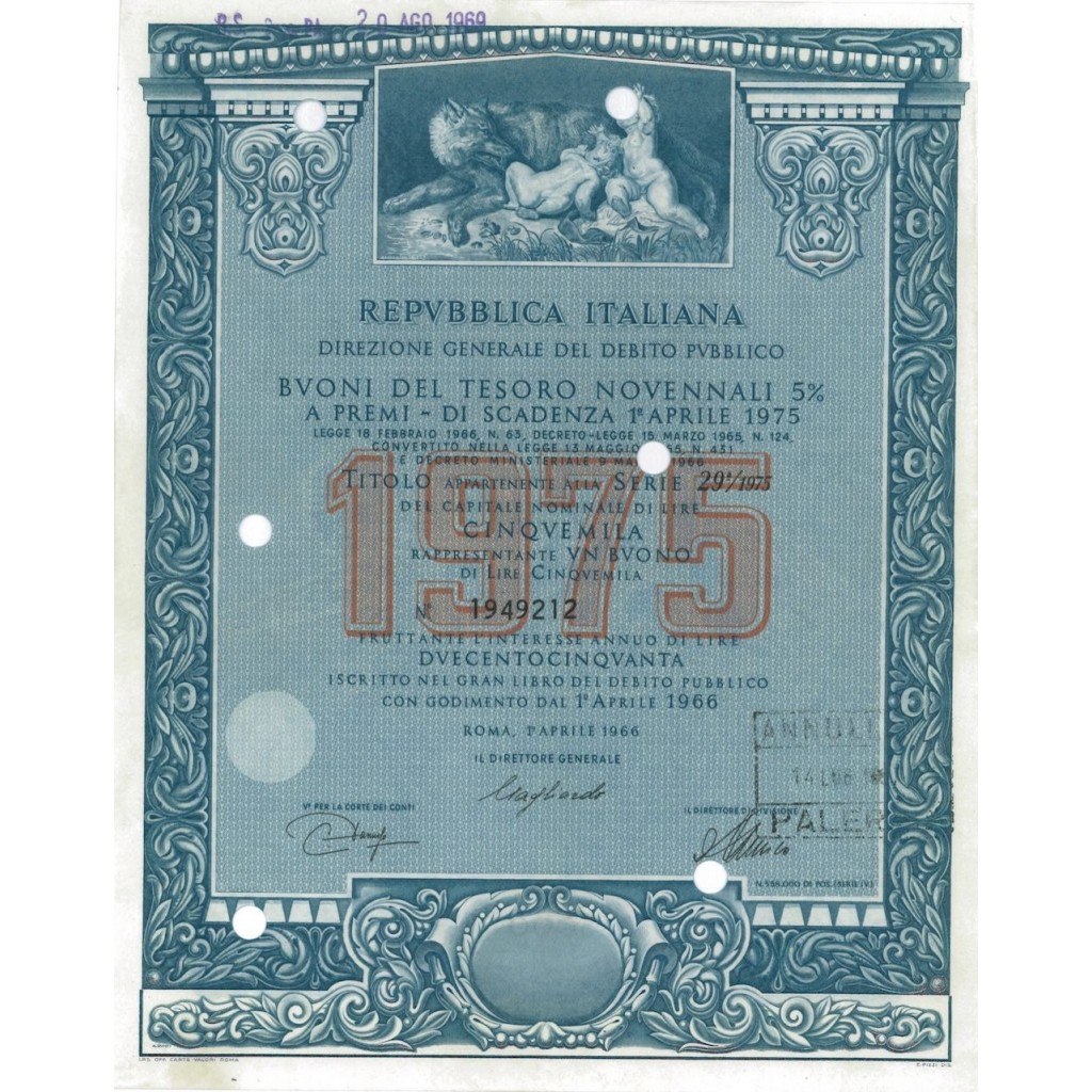 BTP NOVENNALI SERIE 29/1975 - 5000 LIRE ROMA 1966