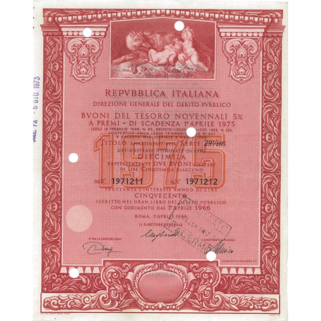 BTP NOVENNALI SERIE 29/1975 - 10000 LIRE ROMA 1966
