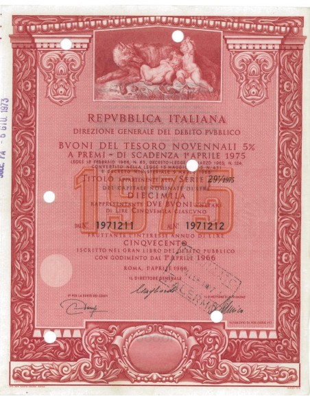 BTP NOVENNALI SERIE 29/1975 - 10000 LIRE ROMA 1966