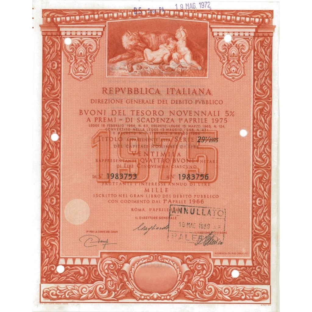 BTP NOVENNALI SERIE 29/1975 - 20000 LIRE ROMA 1966