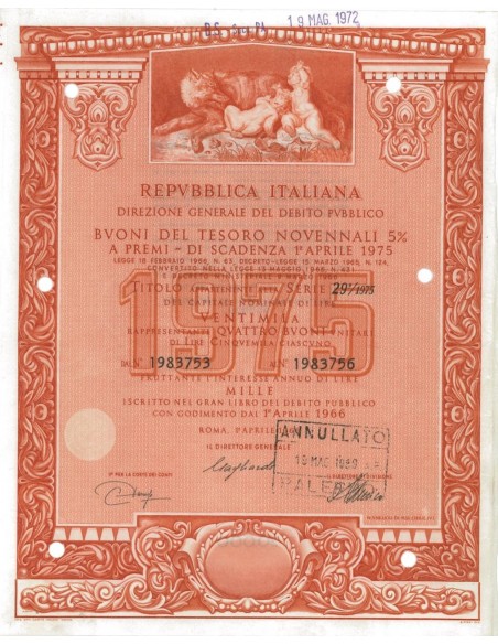BTP NOVENNALI SERIE 29/1975 - 20000 LIRE ROMA 1966