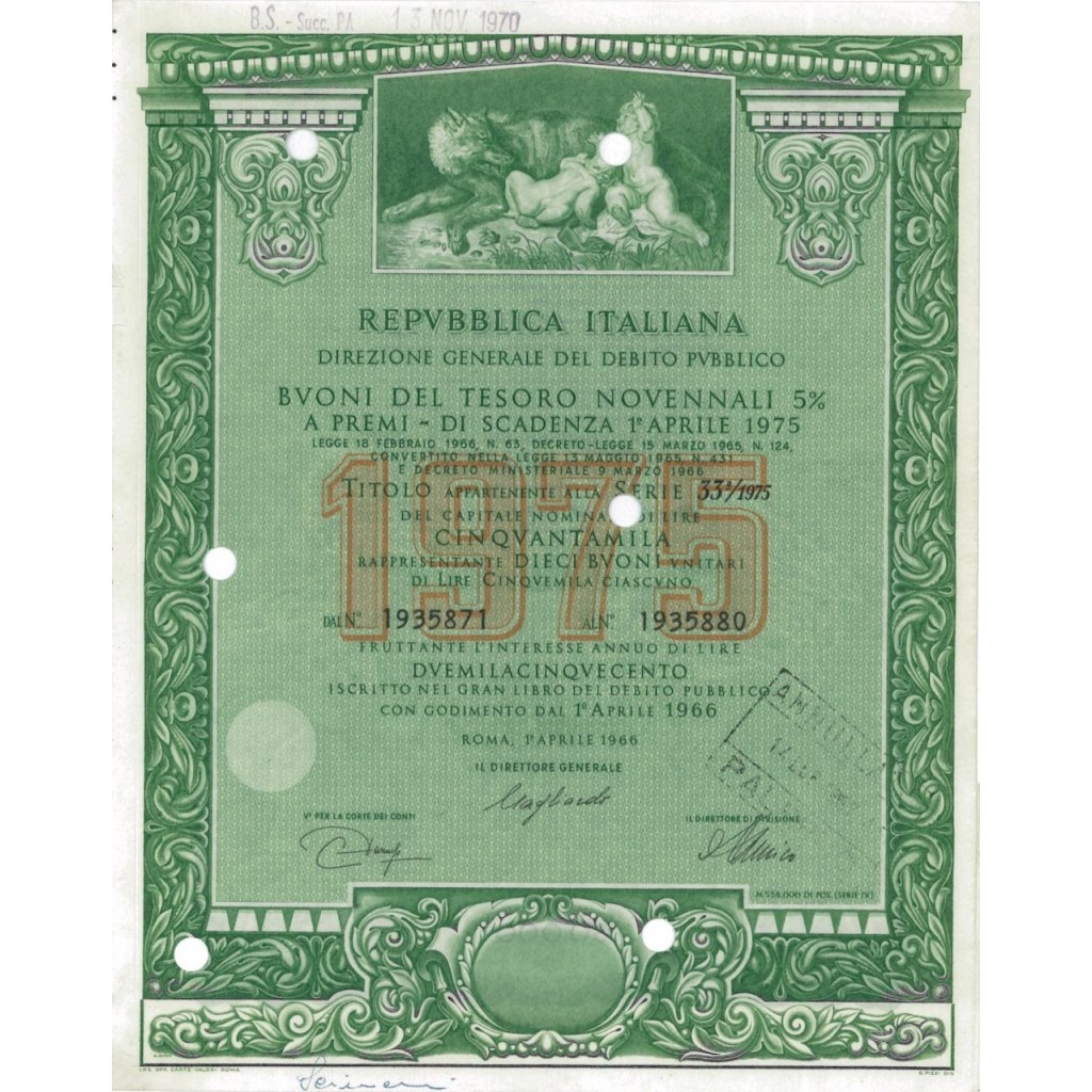 BTP NOVENNALI SERIE 33/1975 - 50000 LIRE ROMA 1966