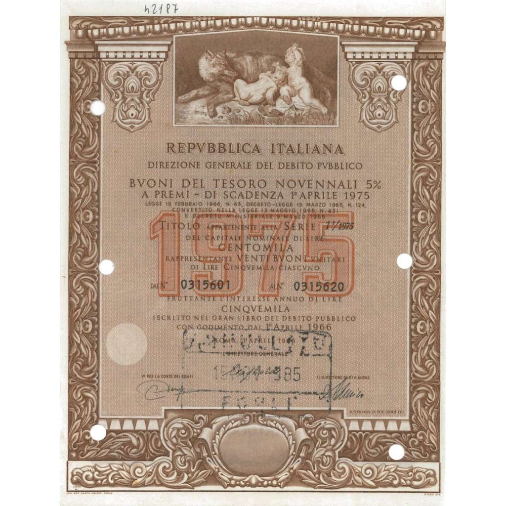 BTP NOVENNALI SERIE 01/1975 - 100000 LIRE ROMA 1966