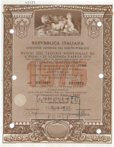 BTP NOVENNALI SERIE 01/1975 - 100000 LIRE ROMA 1966