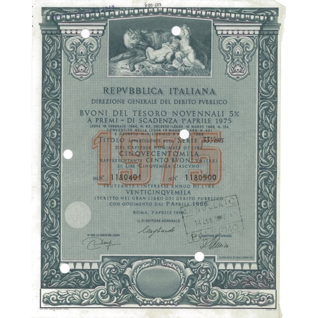 BTP NOVENNALI SERIE 33/1975 - 500000 LIRE ROMA 1966