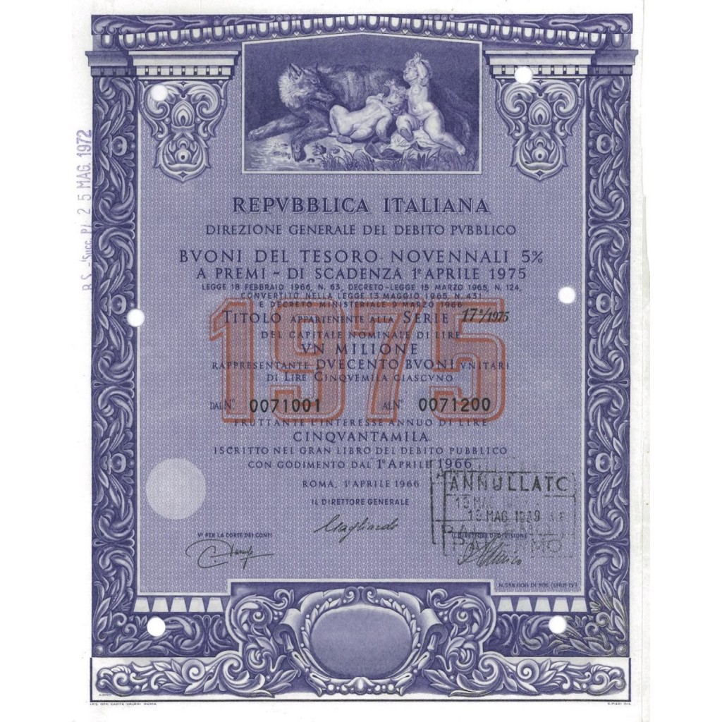 BTP NOVENNALI SERIE 17/1975 - 1000000 LIRE ROMA 1966