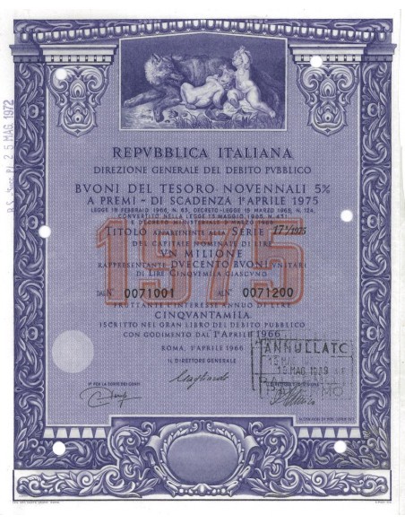 BTP NOVENNALI SERIE 17/1975 - 1000000 LIRE ROMA 1966