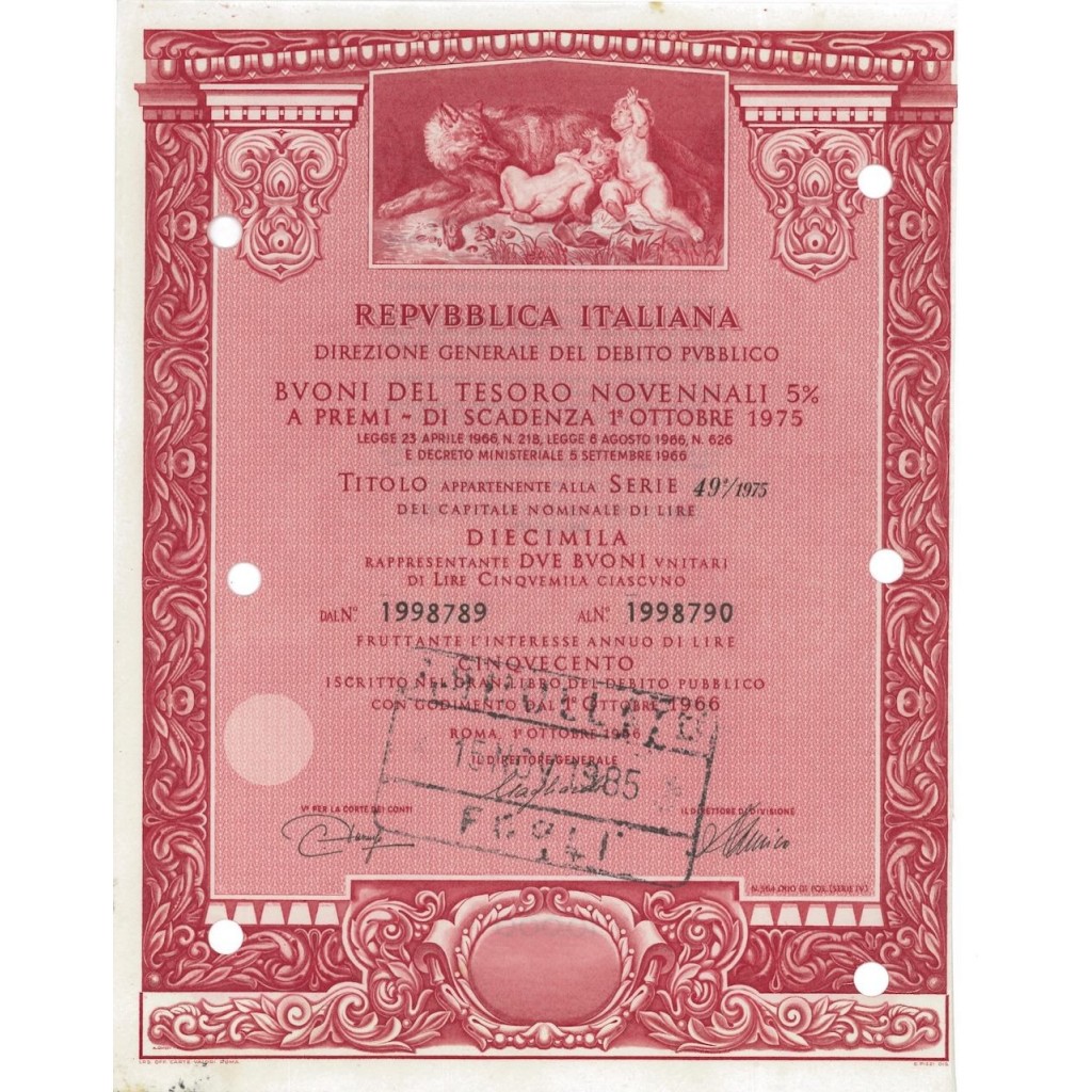 BTP NOVENNALI SERIE 49/1975 - 10000 LIRE ROMA 1966