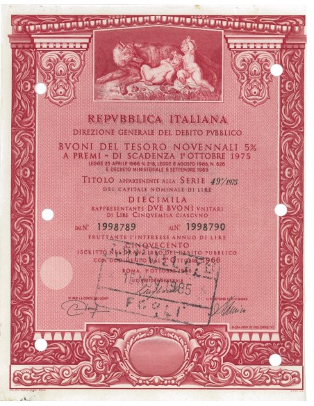 BTP NOVENNALI SERIE 49/1975 - 10000 LIRE ROMA 1966