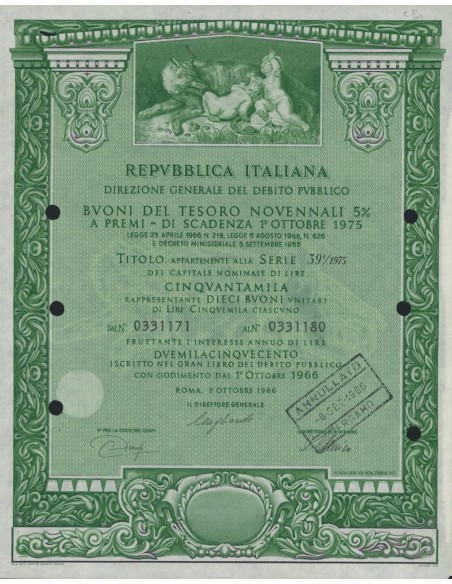 BTP NOVENNALI SERIE 39/1975 - 50000 LIRE ROMA 1966