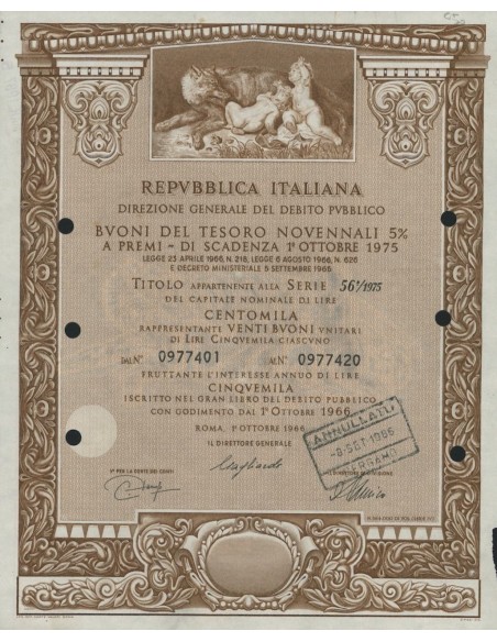 BTP NOVENNALI SERIE 56/1975 - 100000 LIRE ROMA 1966