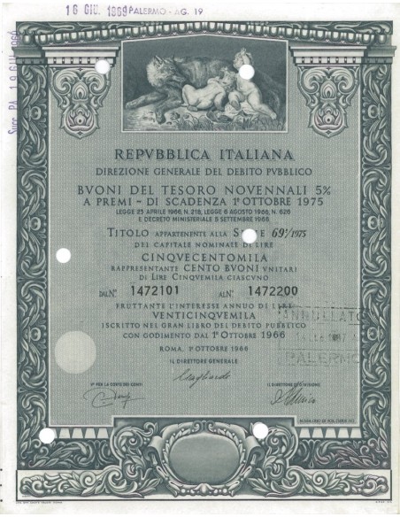 BTP NOVENNALI SERIE 69/1975 - 500000 LIRE ROMA 1966