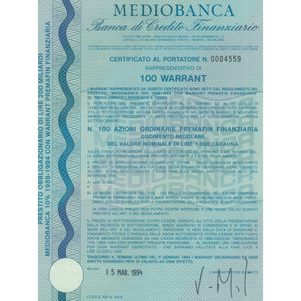 MEDIOBANCA BANCA DI CREDITO FINANZIARIO 10 WARRANT MILANO 1994