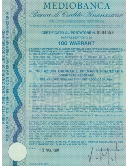 MEDIOBANCA BANCA DI CREDITO FINANZIARIO 10 WARRANT MILANO 1994